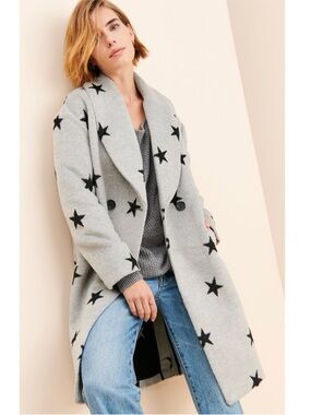 Anthropologie Avec Les Filles Star Print Double Breasted Long Coat Grey Small